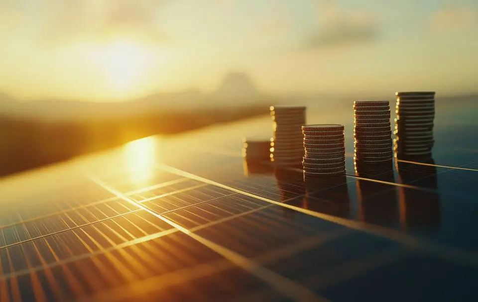 Panneaux solaires au coucher du soleil avec des pièces de monnaie posées dessus, symbolisant la valeur économique de l'énergie solaire en France